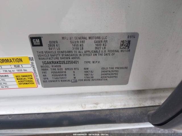 2014 Buick Enclave Convenience მანქანა იყიდება აუქციონზე, vin: 5GAKRAKD2EJ258401, აუქციონის ნომერი: 44886525