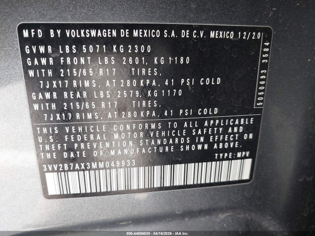 3VV2B7AX3MM049933 Volkswagen Tiguan 2.0t Se/2.0t Se R-line Black/2.0t Sel