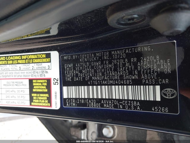 Aukcja sprzedaży 2021 Toyota Camry Se, vin: 4T1G11AK0MU404685, numer aukcji: 44886532