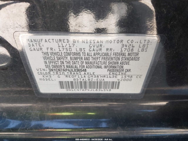 Продаж на аукціоні авто 2018 Nissan Versa 1.6 Sv, vin: 3N1CN7AP4JL836548, номер лоту: 44886533