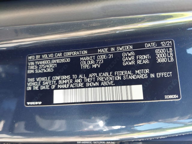 2022 Volvo Xc90 Recharge Plug-in Hybrid T8 Inscription Extended Range 7p მანქანა იყიდება აუქციონზე, vin: YV4H60CL6N1828530, აუქციონის ნომერი: 44886535