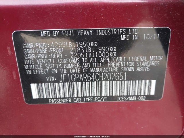 Aukcja sprzedaży 2012 Subaru Impreza 2.0i Sport Limited, vin: JF1GPAR64CH202651, numer aukcji: 44886537