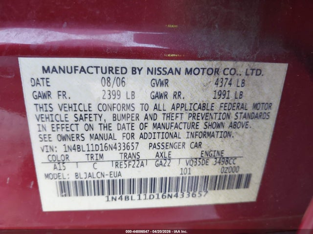 Aukcja sprzedaży 2006 Nissan Altima 3.5 Se, vin: 1N4BL11D16N433657, numer aukcji: 44886547