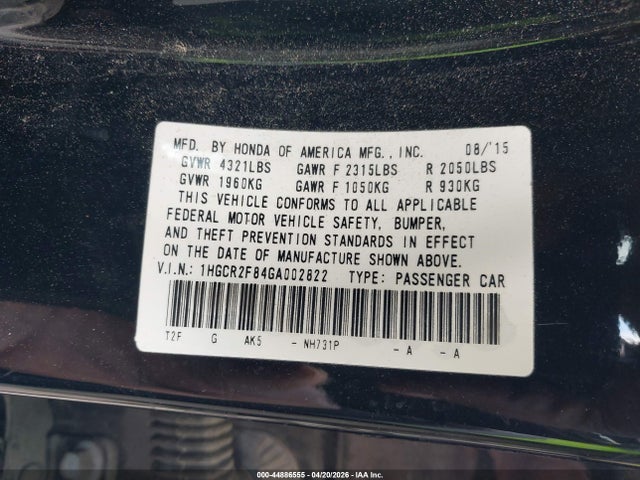 1HGCR2F84GA002822 Honda Accord Ex-l