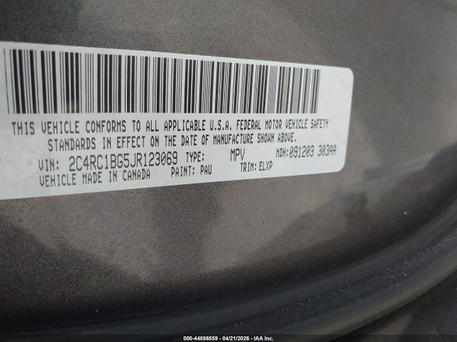 2018 Chrysler Pacifica Touring L მანქანა იყიდება აუქციონზე, vin: 2C4RC1BG5JR123069, აუქციონის ნომერი: 44886559