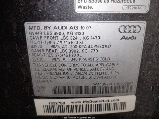 44886560 :رقم المزاد ، WA1BV74LX8D027907 vin ، 2008 Audi Q7 4.2 Premium مزاد بيع