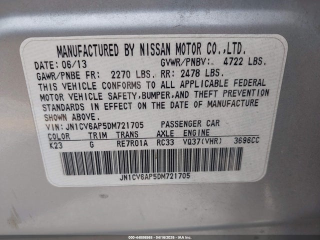2013 Infiniti G37 Journey მანქანა იყიდება აუქციონზე, vin: JN1CV6AP5DM721705, აუქციონის ნომერი: 44886568