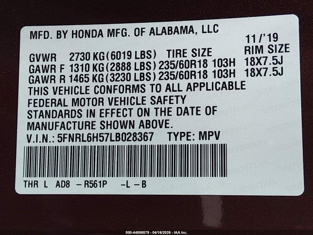 Honda ODYSSEY EX 2020 5FNRL6H57LB028367 Image 9