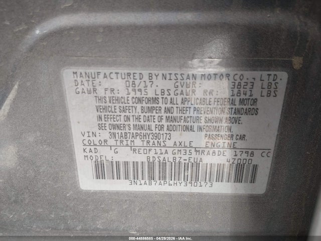 2017 Nissan Sentra S მანქანა იყიდება აუქციონზე, vin: 3N1AB7AP6HY390173, აუქციონის ნომერი: 44886585