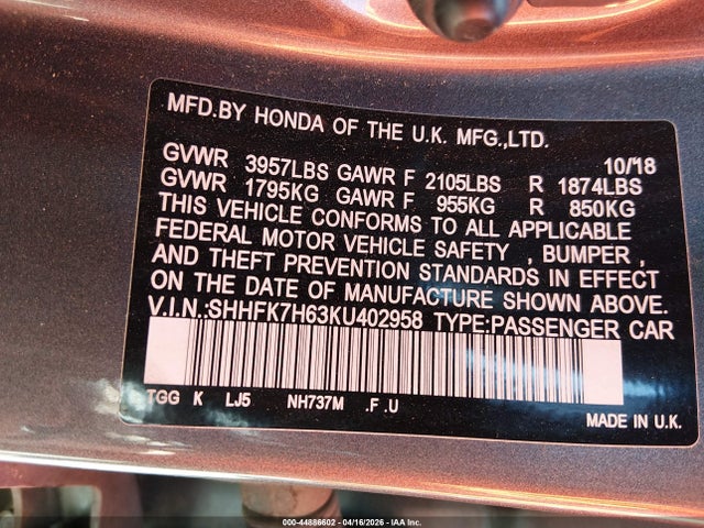 SHHFK7H63KU402958 Honda CIVIC EX