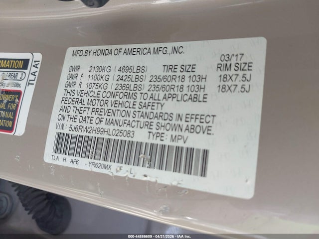 Aukcja sprzedaży 2017 Honda Cr-v Touring, vin: 5J6RW2H99HL025083, numer aukcji: 44886609