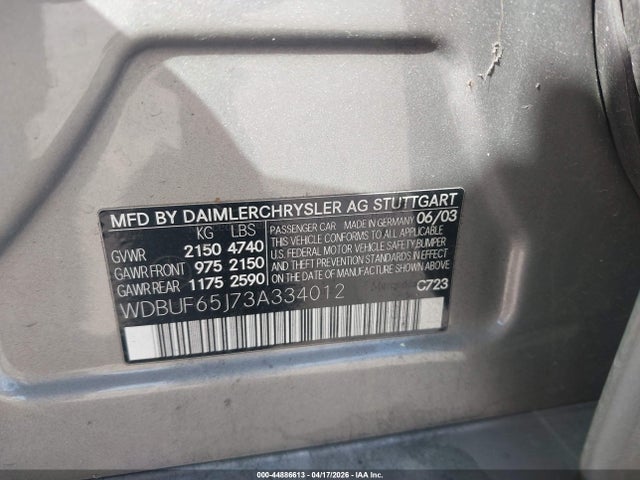 Aukcja sprzedaży 2003 Mercedes-benz E 320, vin: WDBUF65J73A334012, numer aukcji: 44886613