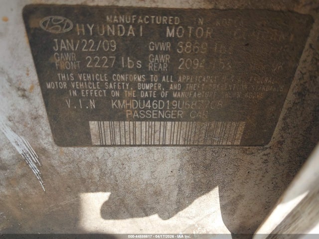 Aukcja sprzedaży 2009 Hyundai Elantra Gls, vin: KMHDU46D19U687708, numer aukcji: 44886617