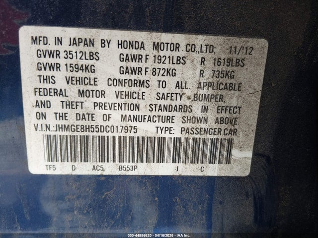 44886620 :رقم المزاد ، JHMGE8H55DC017975 vin ، 2013 Honda Fit Sport مزاد بيع