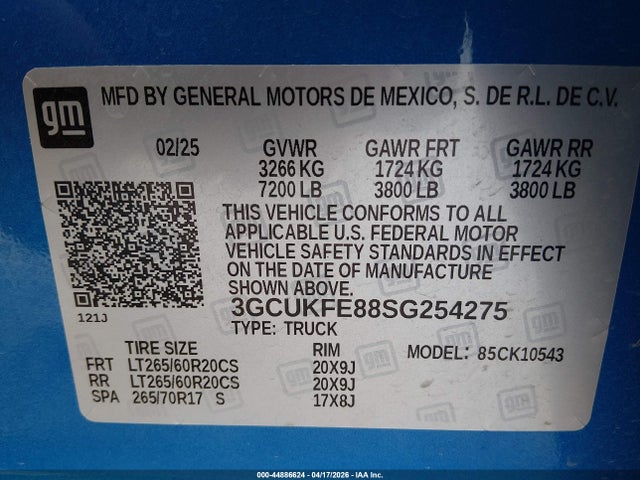 Aukcja sprzedaży 2025 Chevrolet Silverado 1500 4wd  Short Bed Lt Trail Boss, vin: 3GCUKFE88SG254275, numer aukcji: 44886624