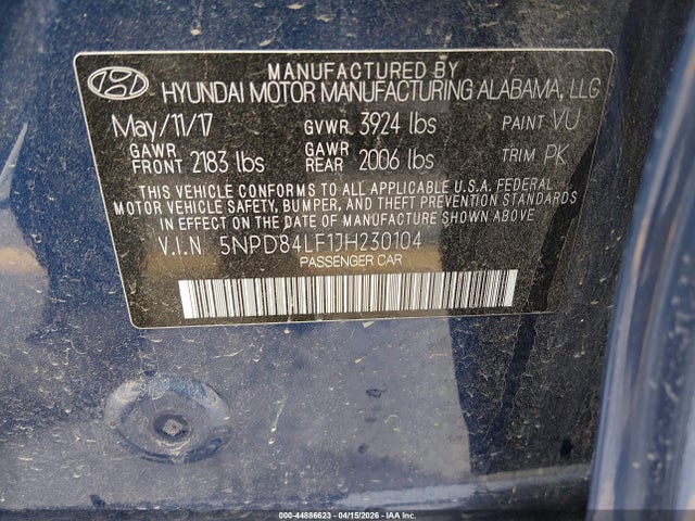Продажа на аукционе авто 2018 Hyundai Elantra Sel, vin: 5NPD84LF1JH230104, номер лота: 44886623