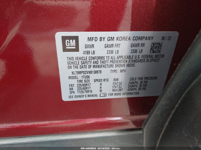 KL79MPS2XNB138978 Chevrolet Trailblazer Fwd Lt