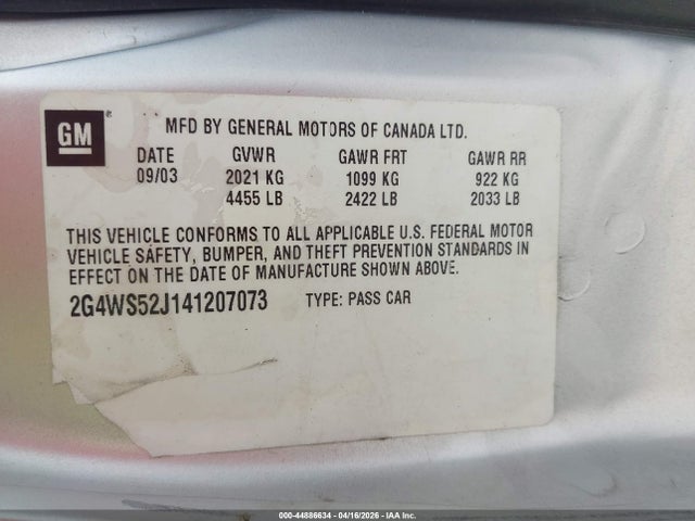 2004 Buick Century მანქანა იყიდება აუქციონზე, vin: 2G4WS52J141207073, აუქციონის ნომერი: 44886634