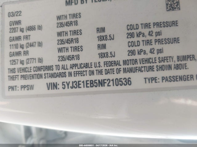 Aukcja sprzedaży 2022 Tesla Model 3 Long Range Dual Motor All-wheel Drive, vin: 5YJ3E1EB5NF210536, numer aukcji: 44886651