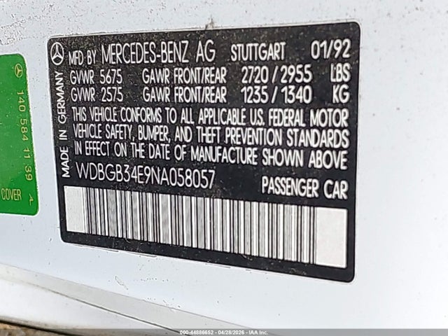 Продаж на аукціоні авто 1992 Mercedes-benz 300 Sd, vin: WDBGB34E9NA058057, номер лоту: 44886652