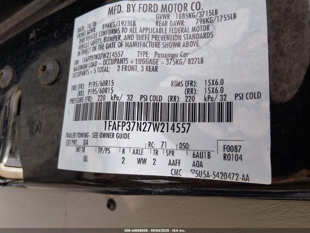 Продажа на аукционе авто 2007 Ford Focus S/se/ses, vin: 1FAFP37N27W214557, номер лота: 44886656