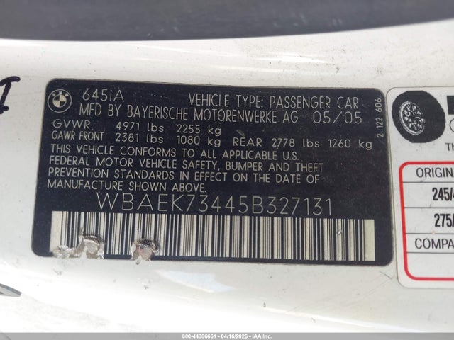 Продажа на аукционе авто 2005 Bmw 645ci, vin: WBAEK73445B327131, номер лота: 44886661