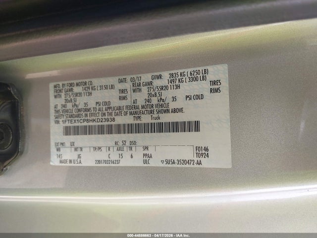 Aukcja sprzedaży 2017 Ford F-150 Xl, vin: 1FTEX1CP8HKD23938, numer aukcji: 44886663