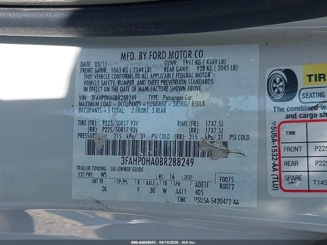 Продажа на аукционе авто 2011 Ford Fusion Se, vin: 3FAHP0HA0BR288249, номер лота: 44886683