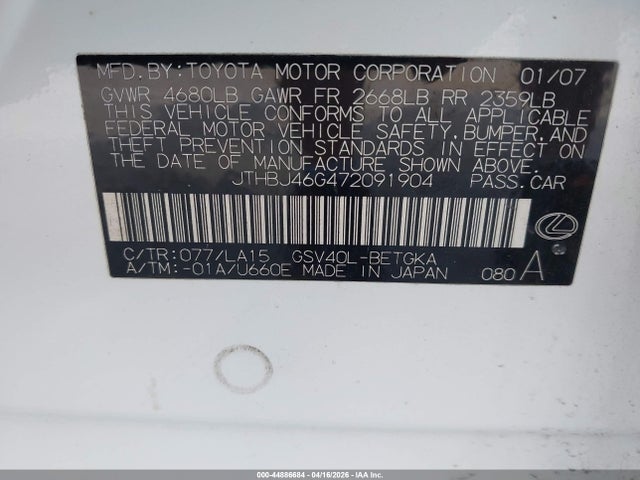 Aukcja sprzedaży 2007 Lexus Es 350, vin: JTHBJ46G472091904, numer aukcji: 44886684
