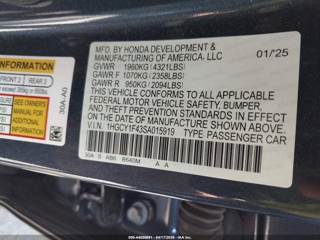 Продаж на аукціоні авто 2025 Honda Accord Se, vin: 1HGCY1F43SA015919, номер лоту: 44886691