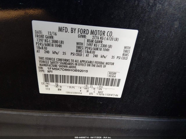 1FM5K7D86HGB92015 Ford EXPLORER XLT