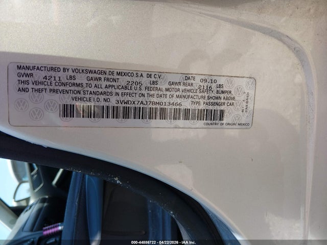 Продаж на аукціоні авто 2011 Volkswagen Jetta 2.5l Se, vin: 3VWDX7AJ7BM013466, номер лоту: 44886722