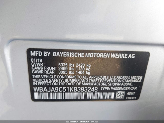 Aukcja sprzedaży 2019 Bmw 530e Iperformance, vin: WBAJA9C51KB393248, numer aukcji: 44886724