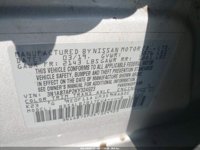 44886727 :رقم المزاد ، 3N1AB7AP2KY324923 vin ، 2019 Nissan Sentra S مزاد بيع