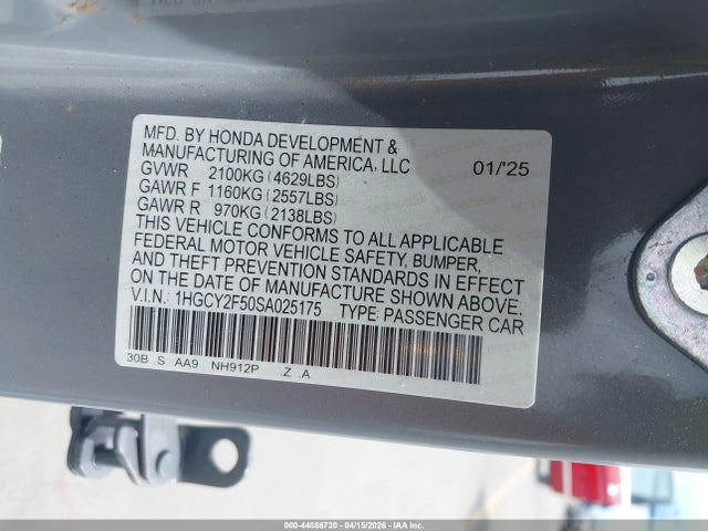 2025 Honda Accord Hybrid Sport მანქანა იყიდება აუქციონზე, vin: 1HGCY2F50SA025175, აუქციონის ნომერი: 44886730
