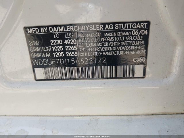 Aukcja sprzedaży 2005 Mercedes-benz E 500, vin: WDBUF70J15A622172, numer aukcji: 44886734