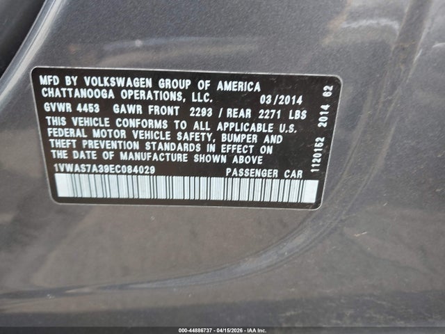 2014 Volkswagen Passat 1.8t S მანქანა იყიდება აუქციონზე, vin: 1VWAS7A39EC084029, აუქციონის ნომერი: 44886737