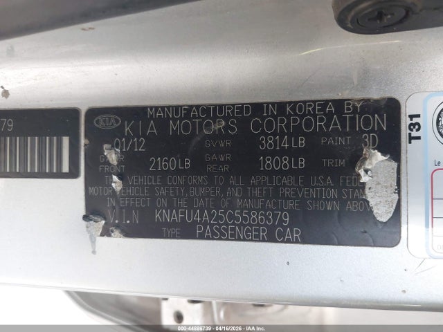 44886739 :رقم المزاد ، KNAFU4A25C5586379 vin ، 2012 Kia Forte Ex مزاد بيع