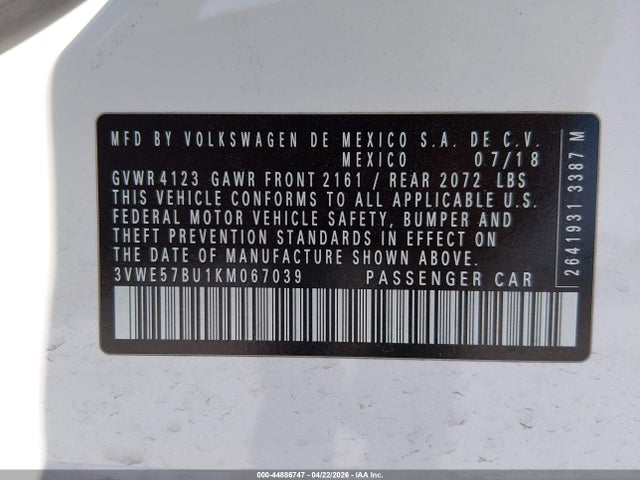 2019 Volkswagen Jetta 1.4t Sel მანქანა იყიდება აუქციონზე, vin: 3VWE57BU1KM067039, აუქციონის ნომერი: 44886747