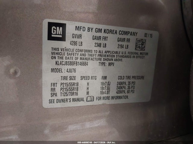 Продажа на аукционе авто 2015 Buick Encore Convenience, vin: KL4CJBSB0FB146684, номер лота: 44886749