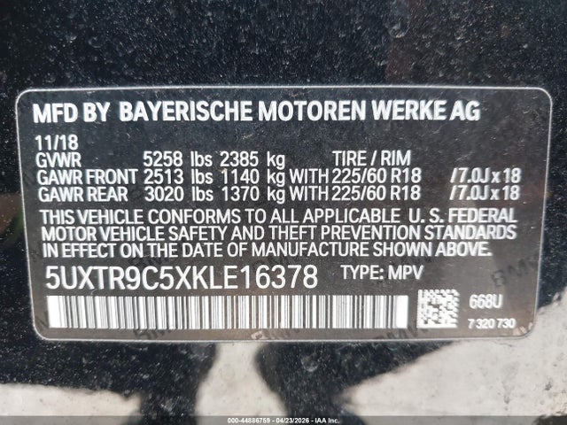 Aukcja sprzedaży 2019 Bmw X3 Xdrive30i, vin: 5UXTR9C5XKLE16378, numer aukcji: 44886759