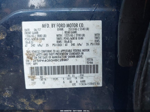 44886760 :رقم المزاد ، 2FMPK4G93HBC28987 vin ، 2017 Ford Edge Se مزاد بيع
