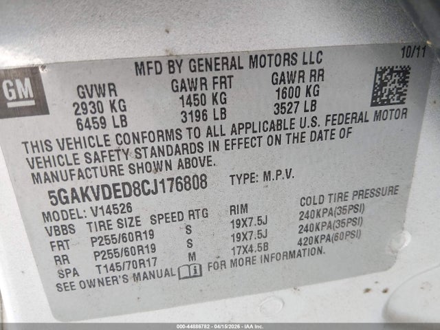 Aukcja sprzedaży 2012 Buick Enclave Premium, vin: 5GAKVDED8CJ176808, numer aukcji: 44886782
