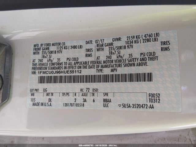 Aukcja sprzedaży 2017 Ford Escape Titanium, vin: 1FMCU0J96HUE55112, numer aukcji: 44886793