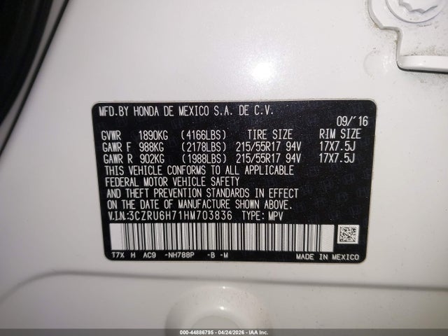 2017 Honda Hr-v Ex-l მანქანა იყიდება აუქციონზე, vin: 3CZRU6H71HM703836, აუქციონის ნომერი: 44886795