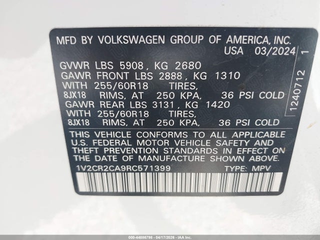 Aukcja sprzedaży 2024 Volkswagen Atlas 2.0t Peak Edition Se W/technology, vin: 1V2CR2CA9RC571399, numer aukcji: 44886798