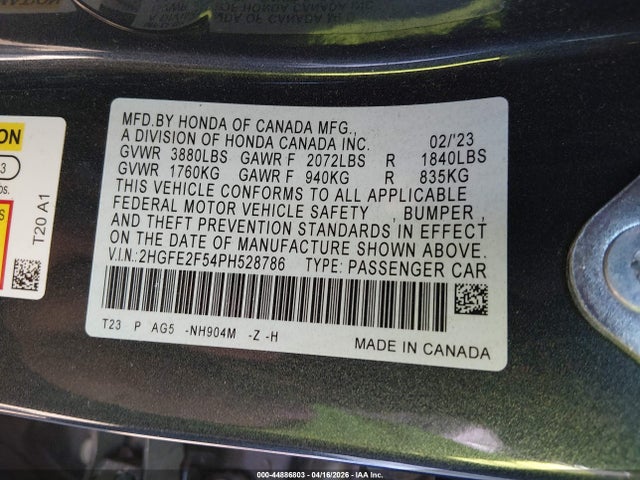 44886803 :رقم المزاد ، 2HGFE2F54PH528786 vin ، 2023 Honda Civic Sport مزاد بيع