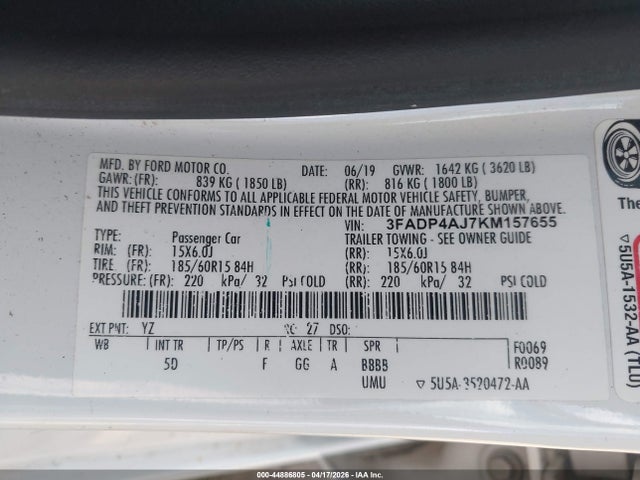 Продажа на аукционе авто 2019 Ford Fiesta S, vin: 3FADP4AJ7KM157655, номер лота: 44886805