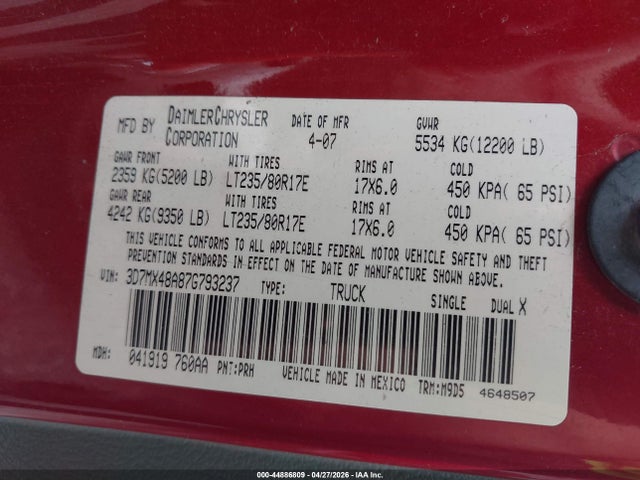 Продаж на аукціоні авто 2007 Dodge Ram 3500 Slt/sport, vin: 3D7MX48A87G793237, номер лоту: 44886809