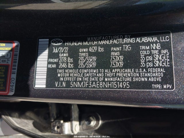 Продажа на аукционе авто 2022 Hyundai Tucson Sel, vin: 5NMJF3AE8NH151495, номер лота: 44886810
